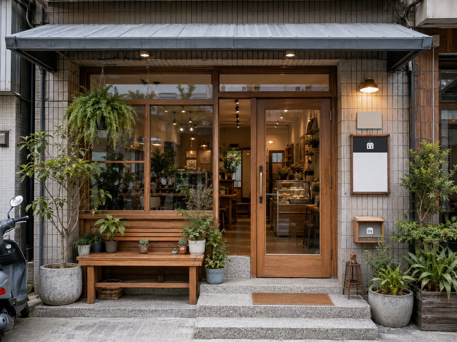 台灣街邊店家的入口、遮雨棚與營業資訊看板。