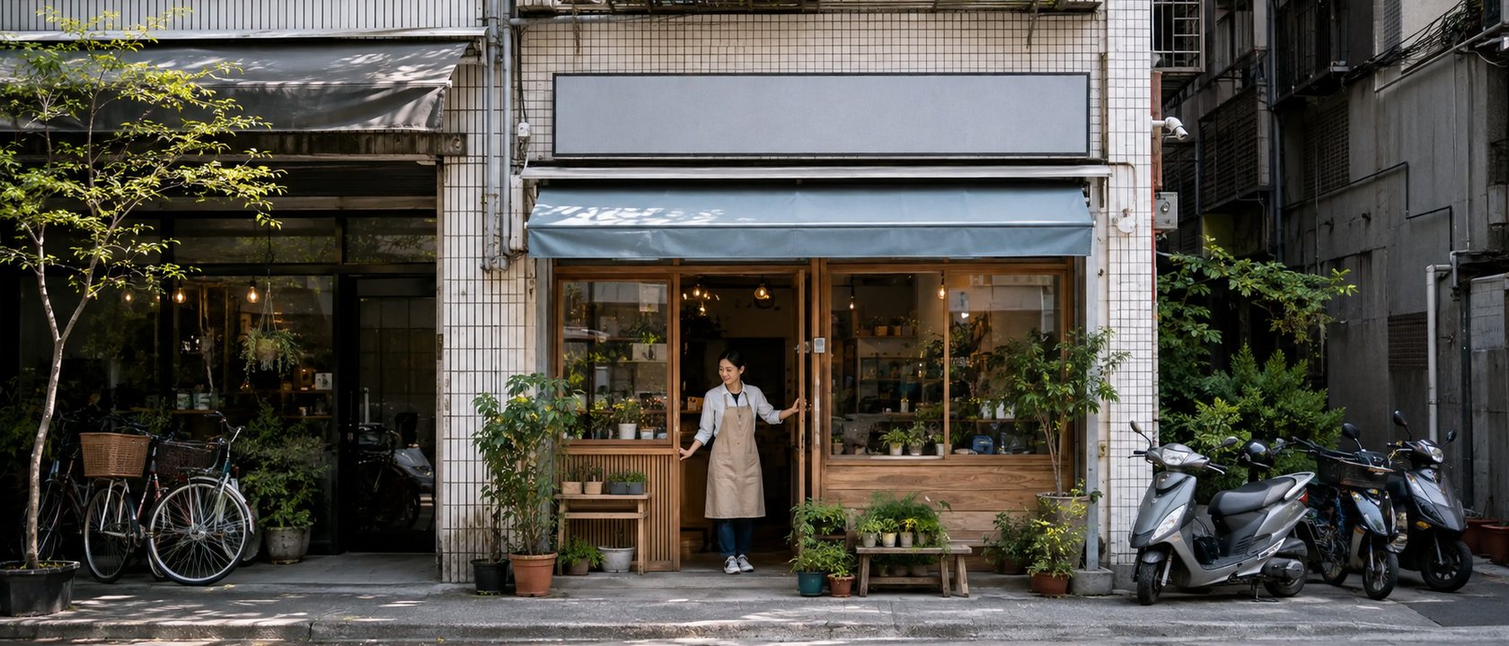 台灣街邊店家早晨開門營業，門前停有機車並擺放綠色植栽。